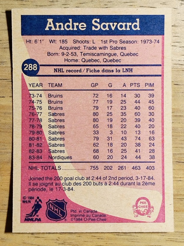 1984-85 O-Pee-Chee #288 Andre Savard