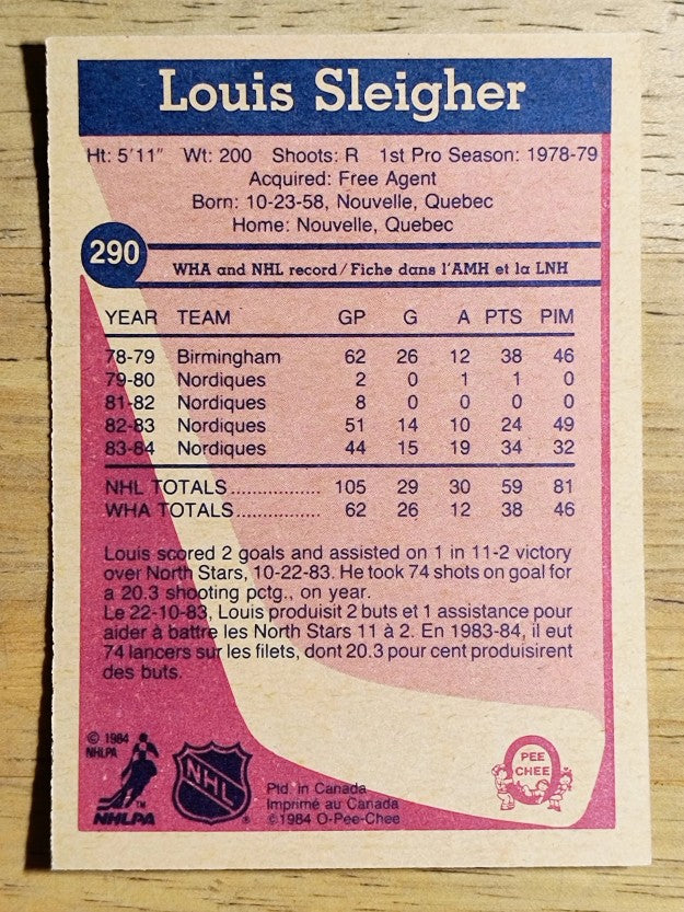 1984-85 O-Pee-Chee #290 Louis Sleigher