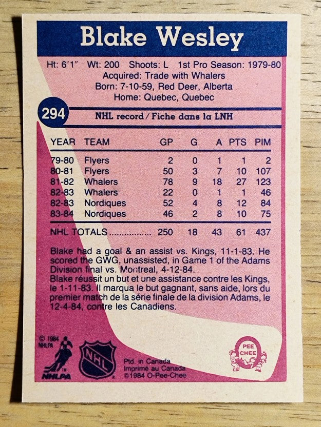 1984-85 O-Pee-Chee #294 Blake Wesley
