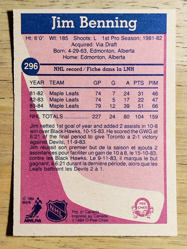 1984-85 O-Pee-Chee #296 Jim Benning
