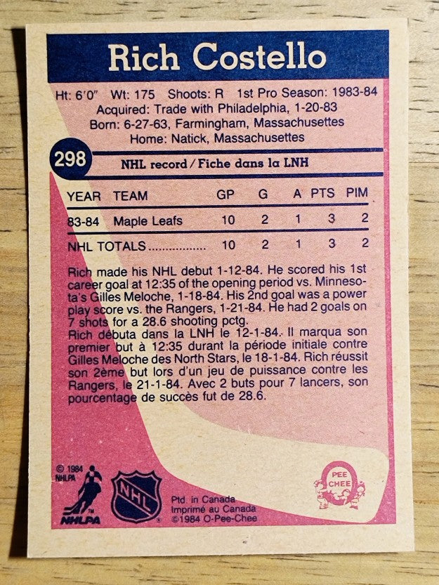 1984-85 O-Pee-Chee #298 Rich Costello RC