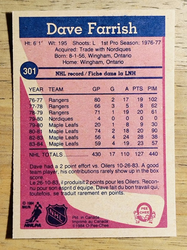 1984-85 O-Pee-Chee #301 Dave Farrish