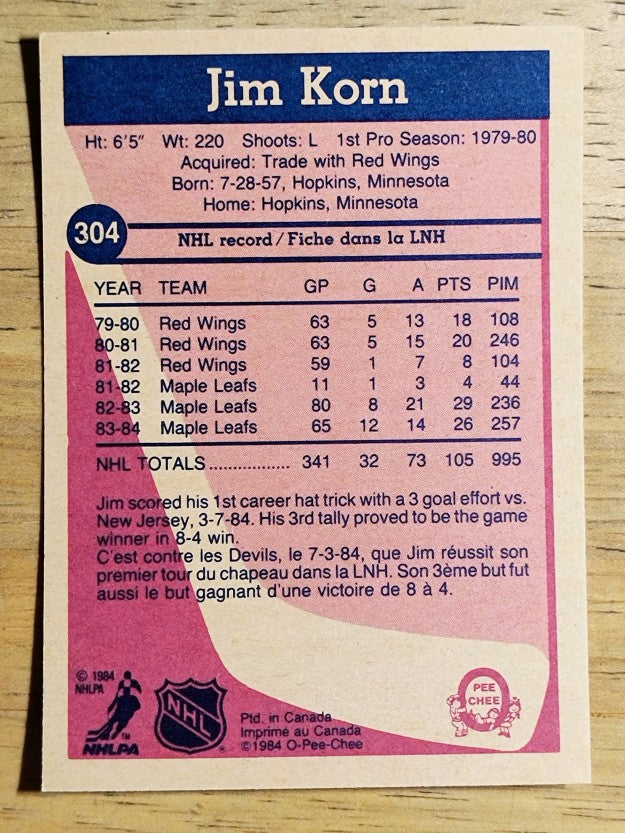 1984-85 O-Pee-Chee #304 Jim Korn