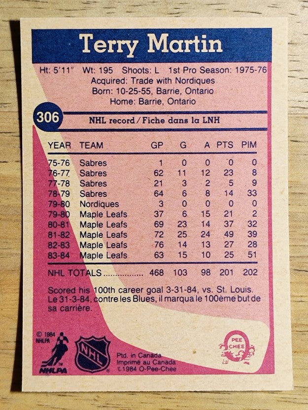 1984-85 O-Pee-Chee #306 Terry Martin