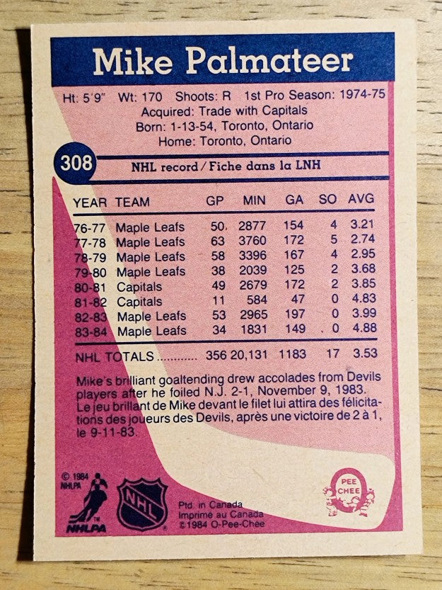 1984-85 O-Pee-Chee #308 Mike Palmateer