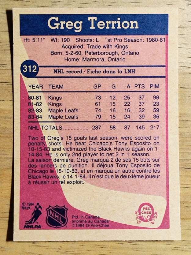 1984-85 O-Pee-Chee #312 Greg Terrion