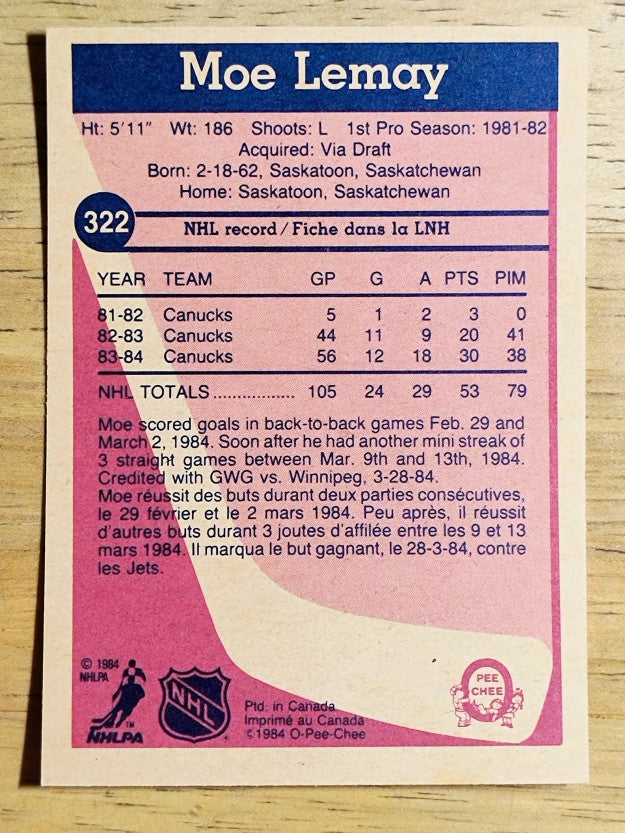 1984-85 O-Pee-Chee #322 Moe Lemay RC
