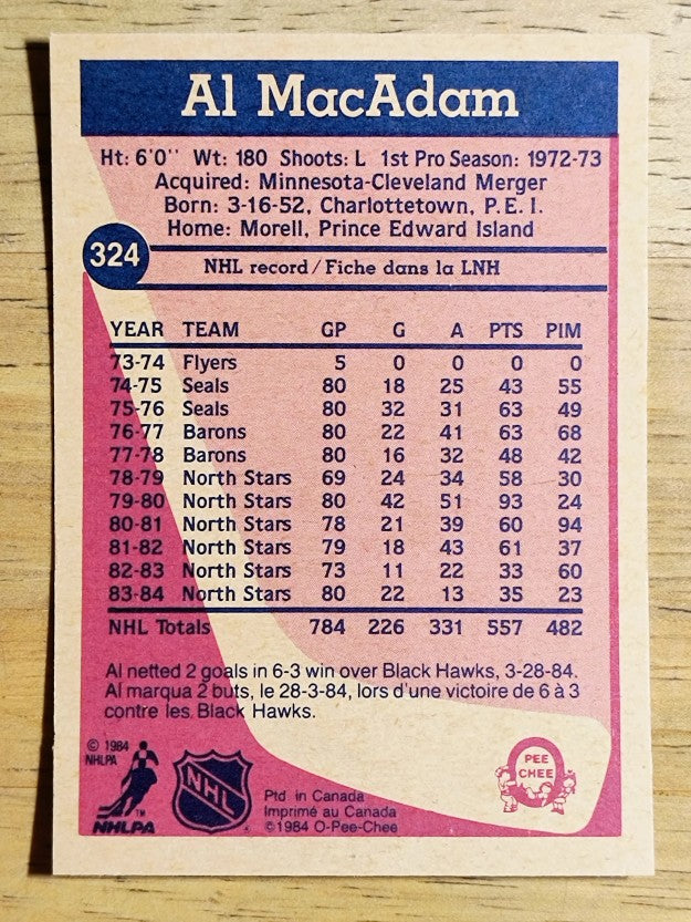 1984-85 O-Pee-Chee #324 Al MacAdam