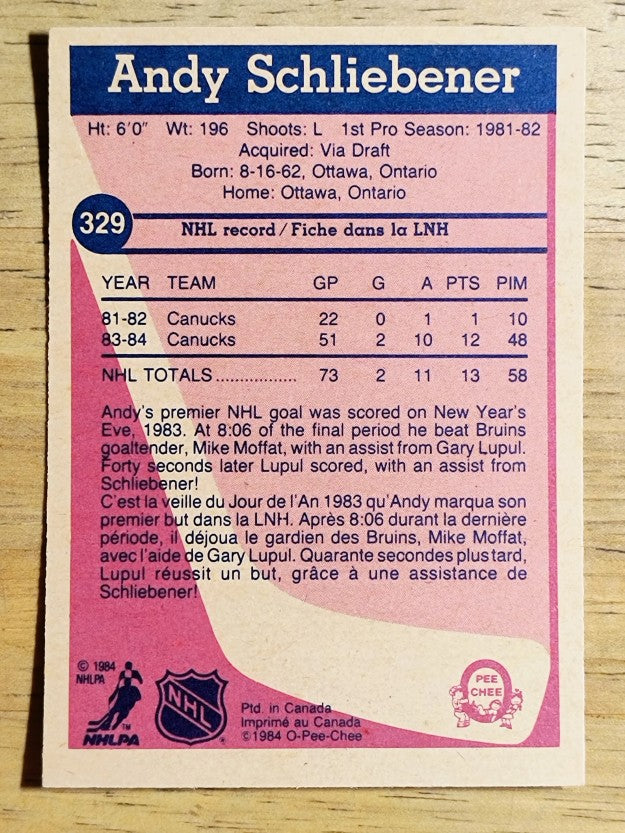 1984-85 O-Pee-Chee #329 Andy Schliebener RC