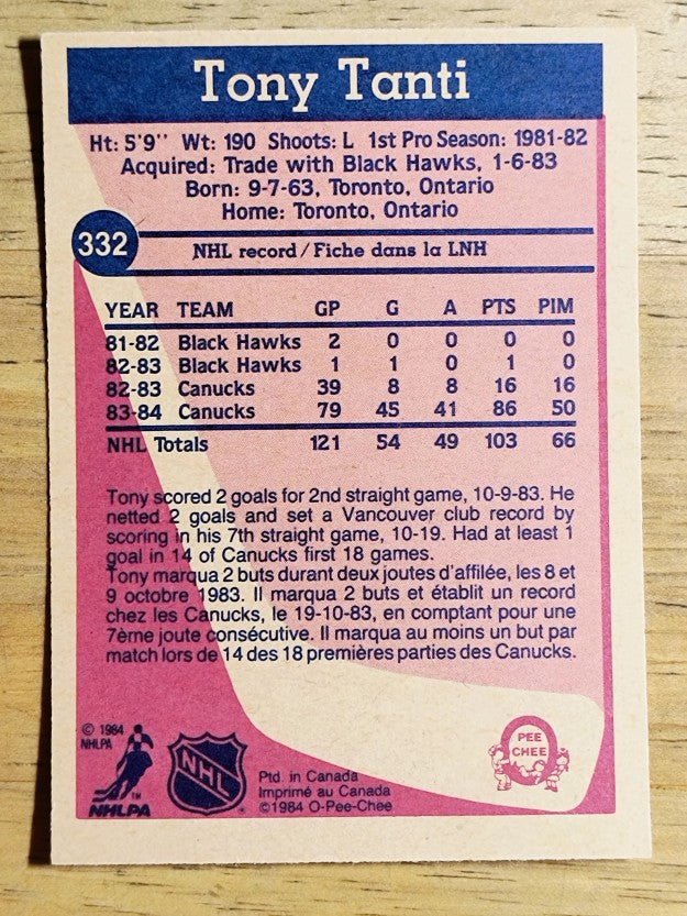 1984-85 O-Pee-Chee #332 Tony Tanti