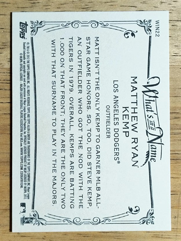 2012 Topps Allen and Ginter What's in a Name #WIN22 Matthew Ryan Kemp