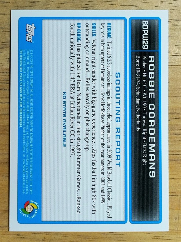 2009 Bowman Draft WBC Prospects Gold #BDPW29 Robbie Cordemans