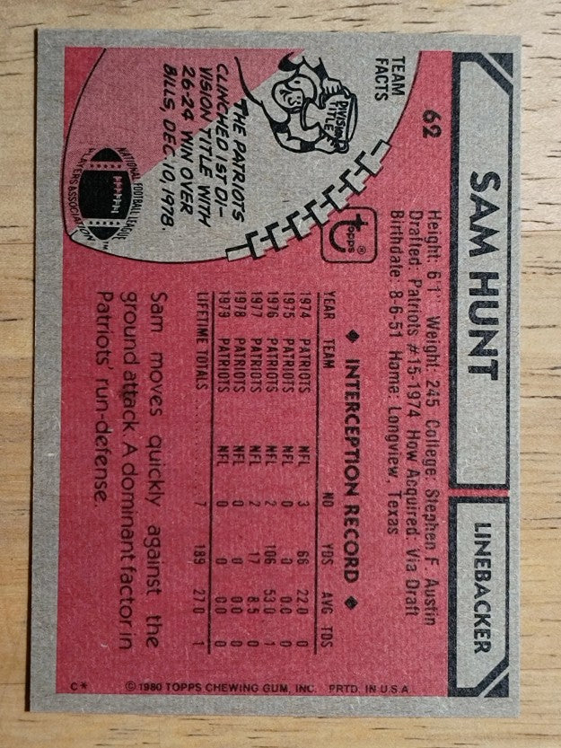 1980 Topps #62 Sam Hunt (EXMT)