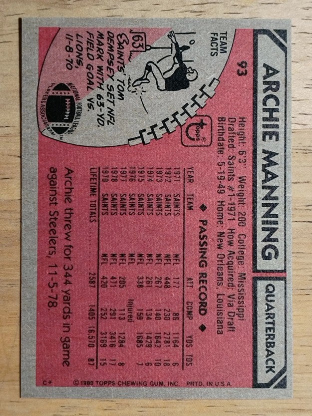 1980 Topps #93 Archie Manning (NM)