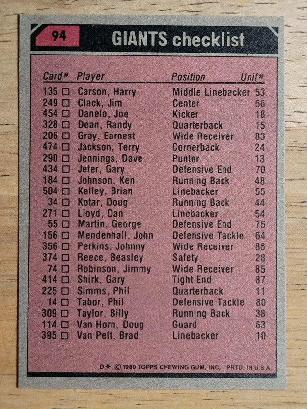 1980 Topps #94 New York Giants TL/Billy Taylor/Earnest Gray/George Martin (NM)