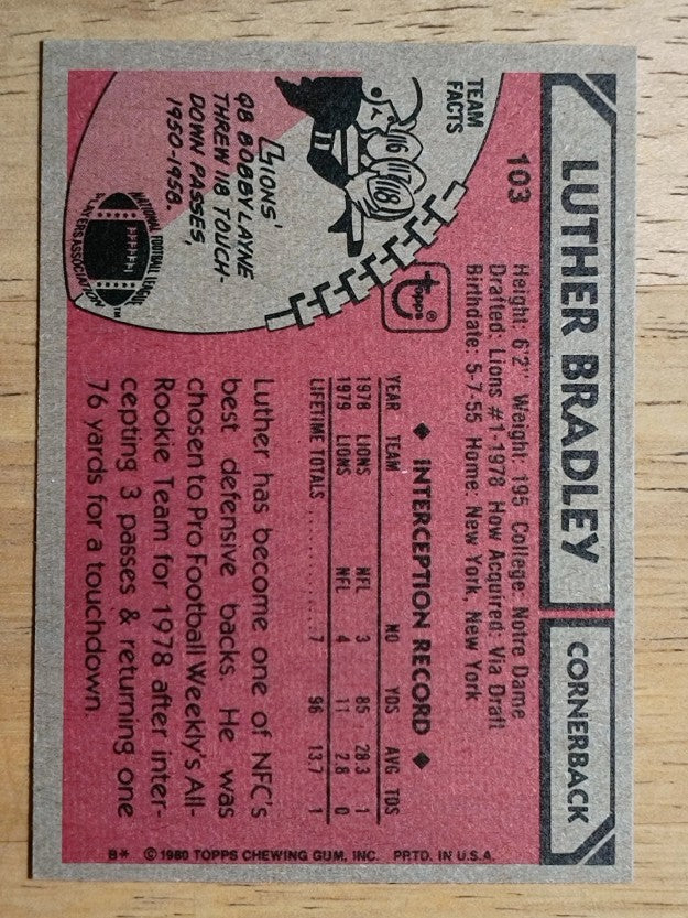 1980 Topps #103 Luther Bradley RC (NM)