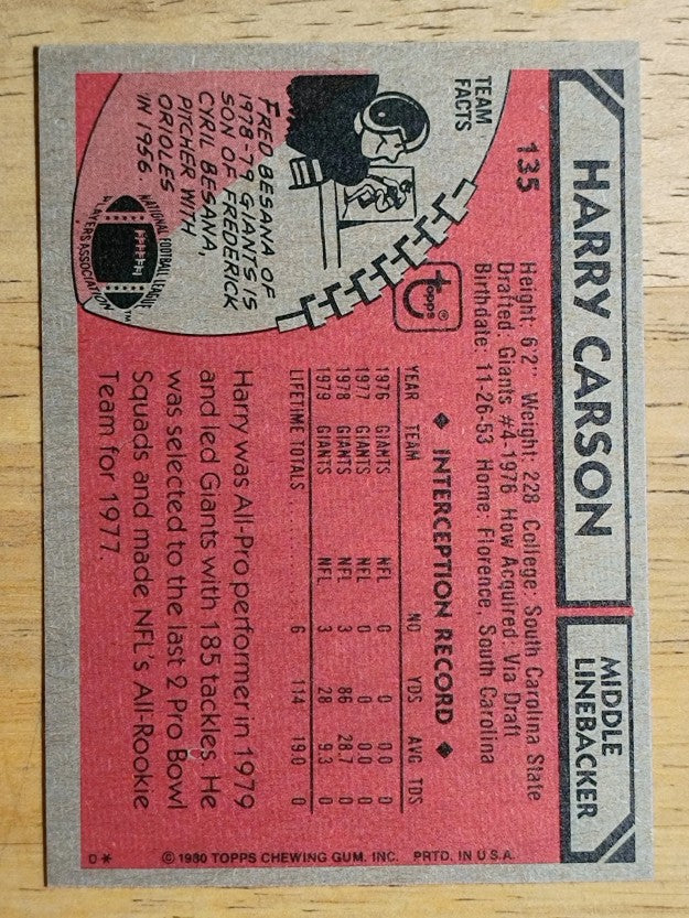 1980 Topps #135 Harry Carson AP (NMMT)