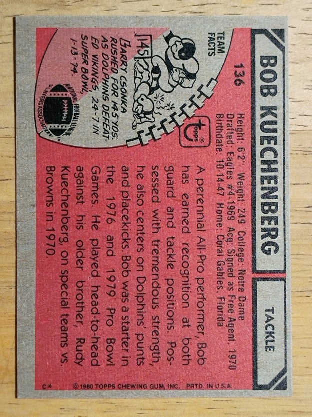 1980 Topps #136 Bob Kuechenberg (EXMT)