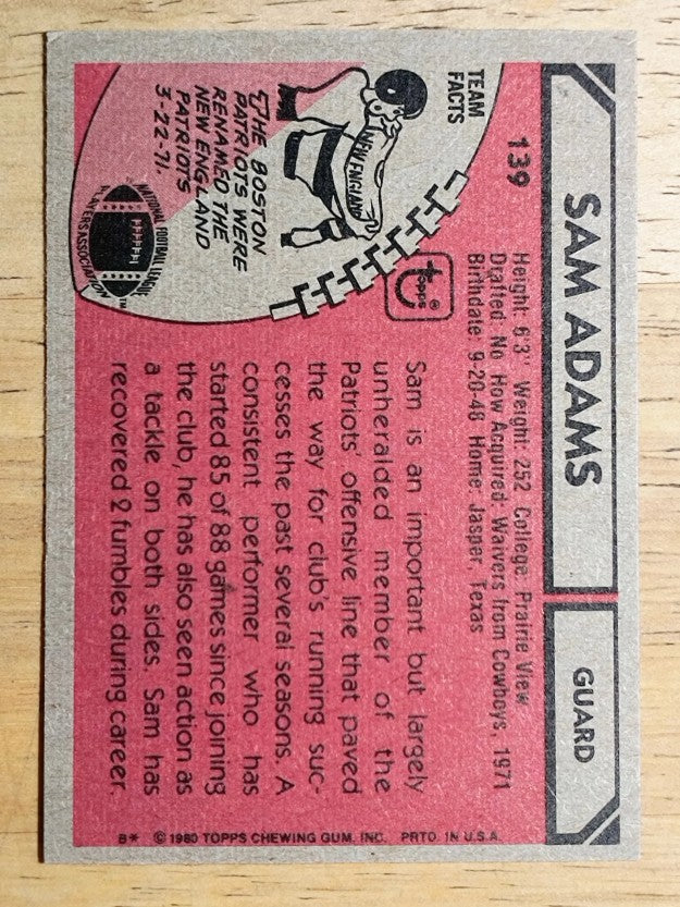 1980 Topps #139 Sam Adams OL (EXMT)