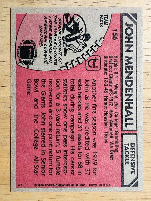 1980 Topps #156 John Mendenhall (NMMT)