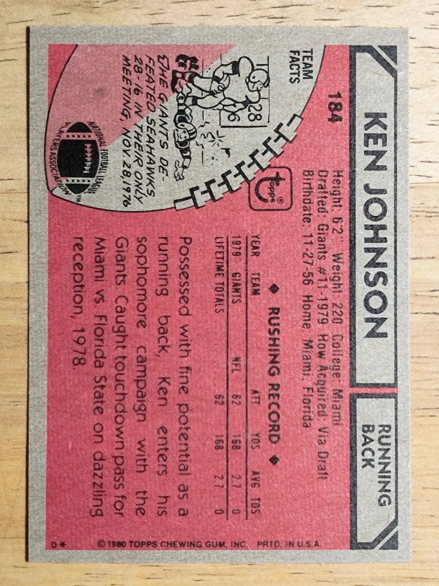 1980 Topps #184 Ken Johnson RB (MINT)