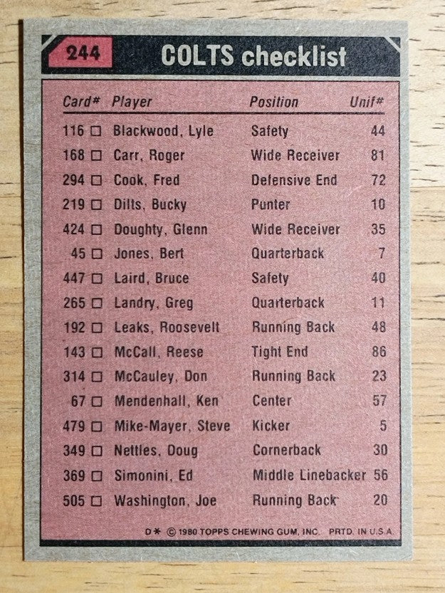 1980 Topps #244 Baltimore Colts TL/Joe Washington/Fred Cook (NMMT)
