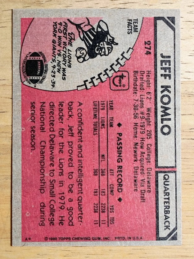 1980 Topps #274 Jeff Komlo RC (NM)