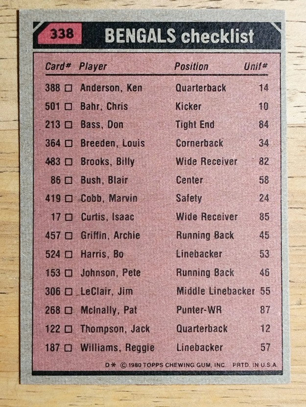 1980 Topps #338 Bengals TL/Pete Johnson/Don Bass/Dick Jauron/Gary Burley (NM)