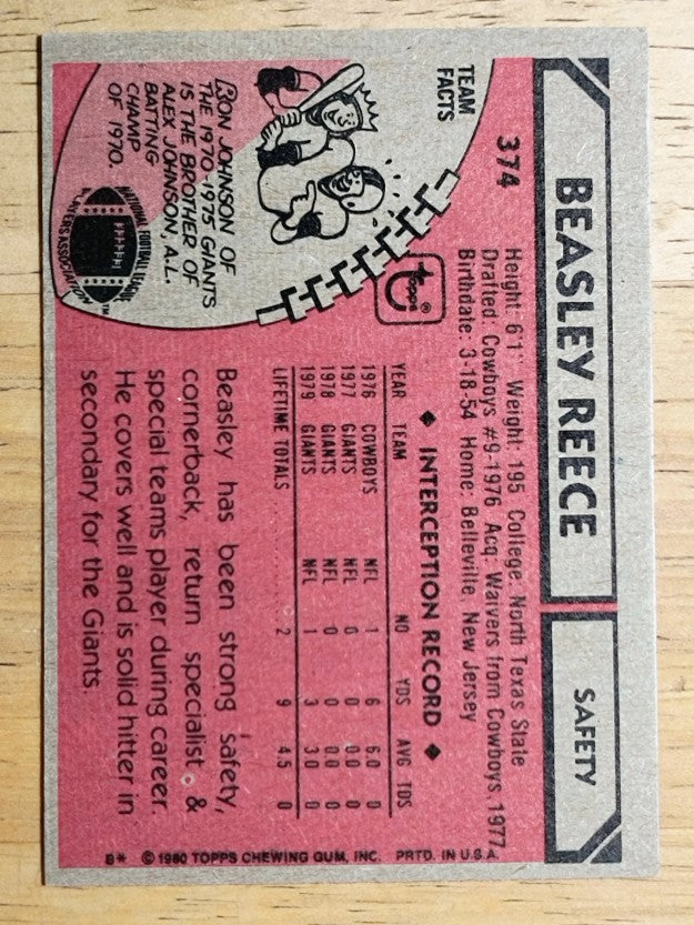 1980 Topps #374B Beasley Reece COR RC (NM)