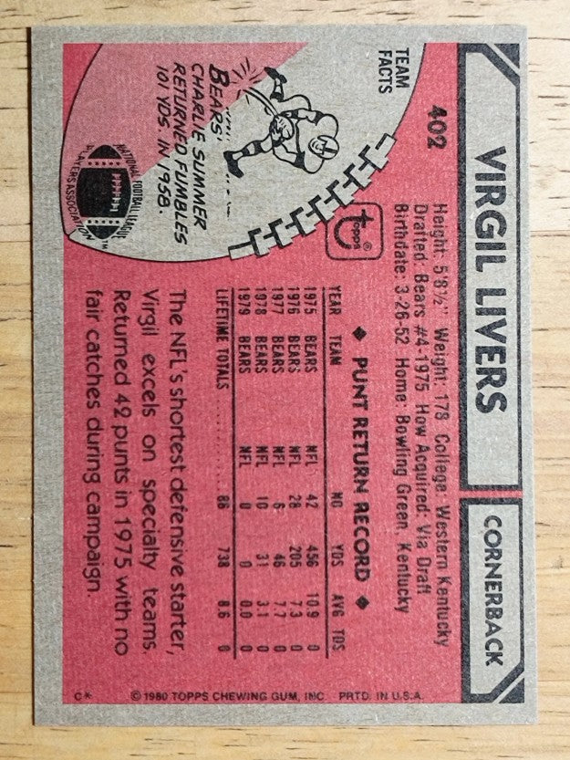 1980 Topps #402 Virgil Livers (NM)
