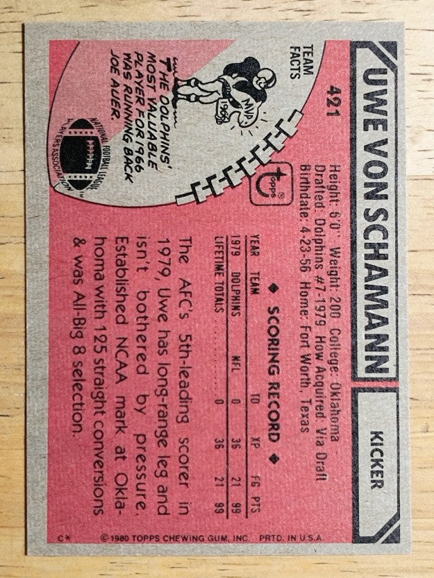 1980 Topps #421 Uwe Von Schamann RC (EXMT)