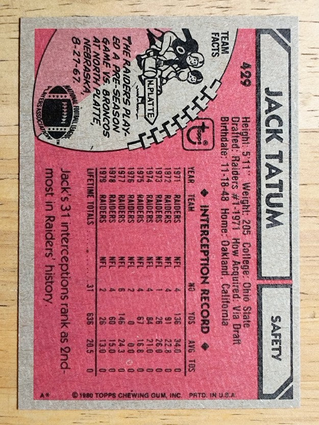 1980 Topps #429 Jack Tatum (MINT)