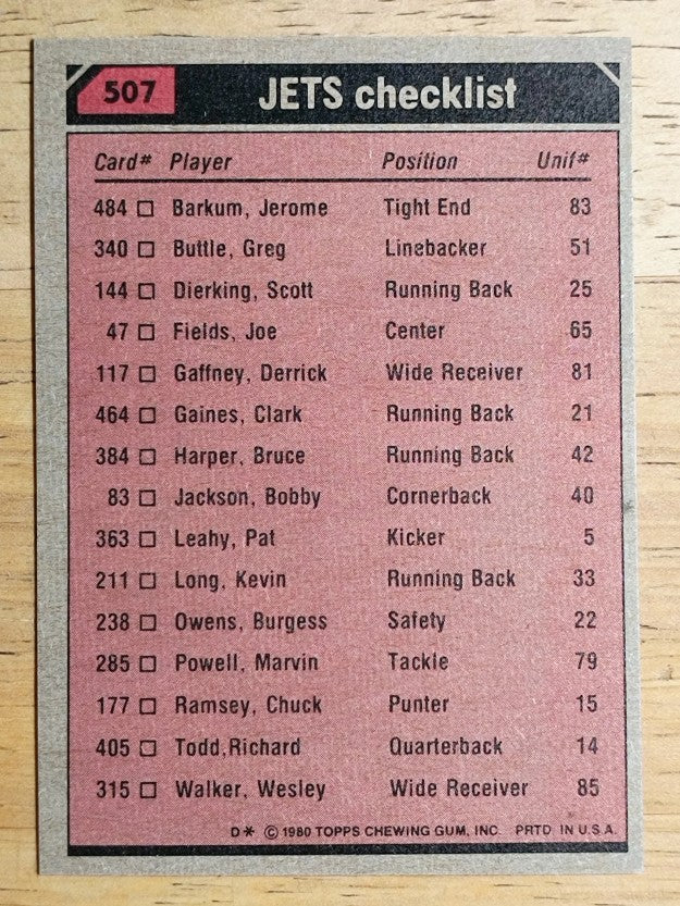 1980 Topps #507 Jets TL/Clark Gaines/Wesley Walker/Burgess Owens/Joe Klecko (NM)