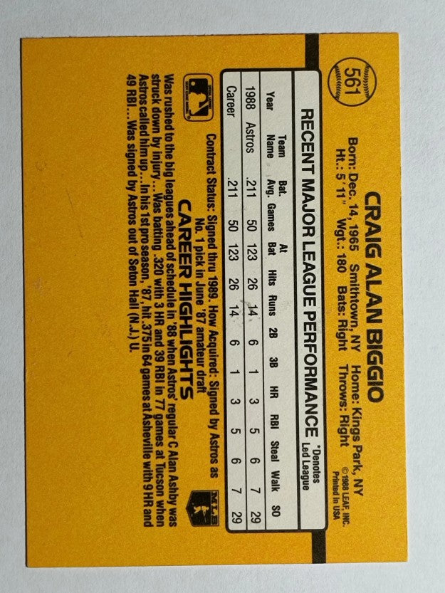 1989 Donruss #561 Craig Biggio DP RC (EXMT)