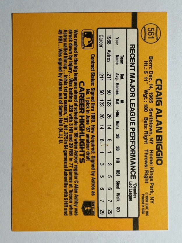 1989 Donruss #561 Craig Biggio DP RC (NM)