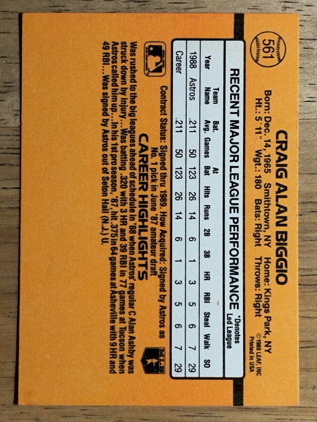 1989 Donruss #561 Craig Biggio DP RC (EXMT)