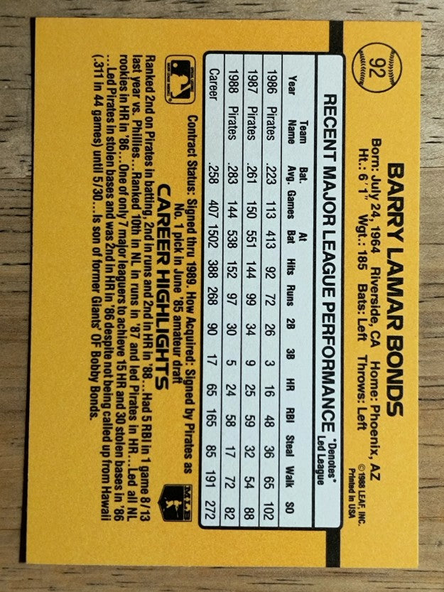 1989 Donruss #92 Barry Bonds