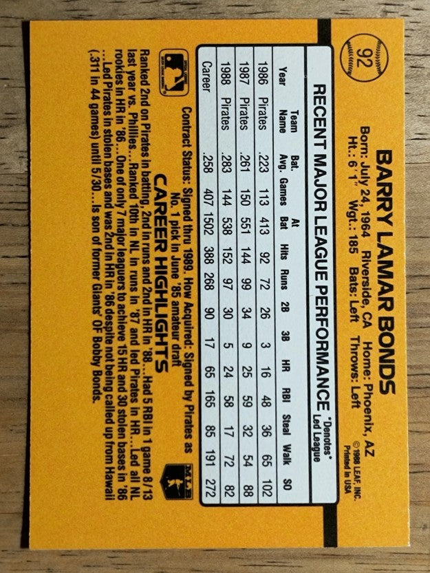 1989 Donruss #92 Barry Bonds