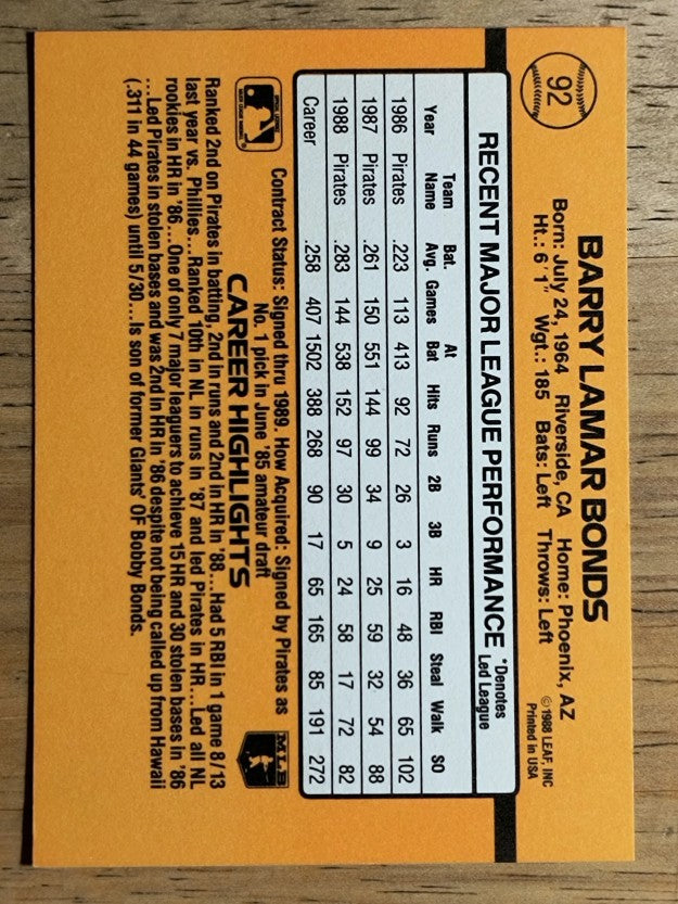 1989 Donruss #92 Barry Bonds