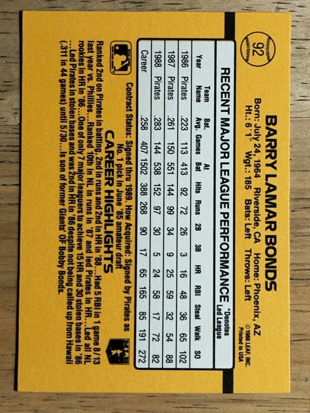 1989 Donruss #92 Barry Bonds