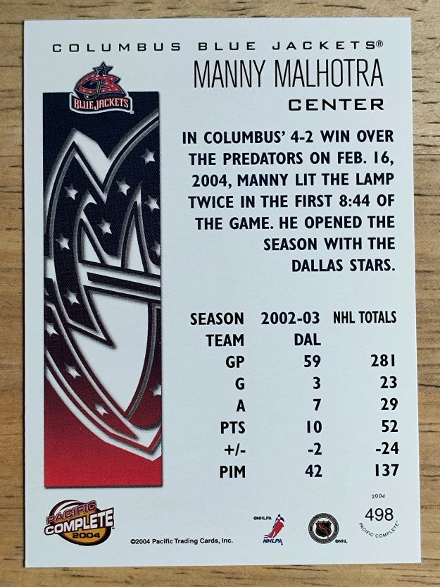 2003-04 Pacific Complete #498 Manny Malhotra