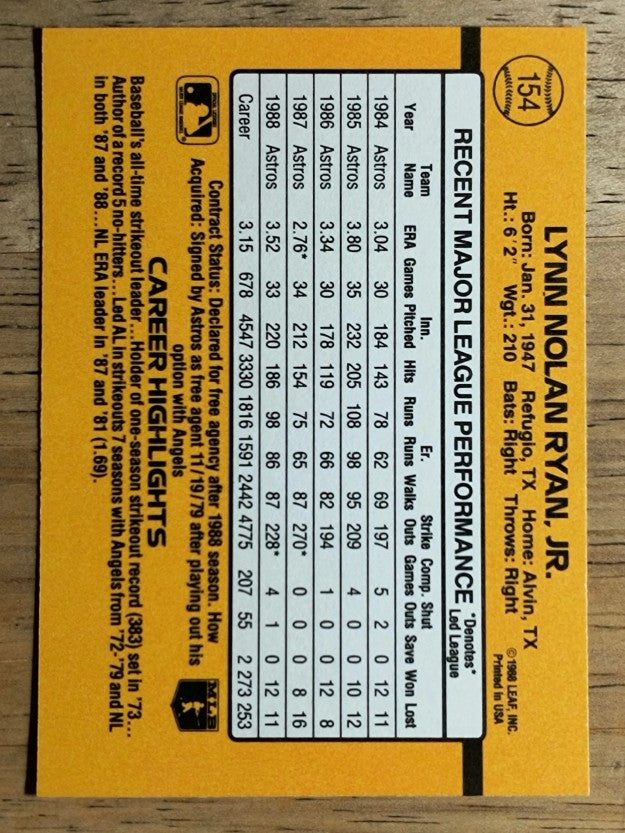 1989 Donruss #154 Nolan Ryan