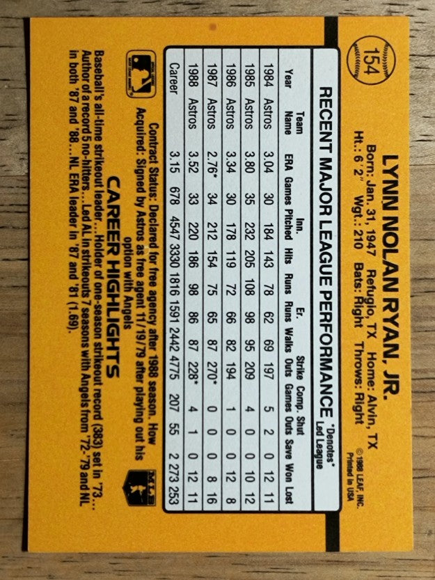 1989 Donruss #154 Nolan Ryan