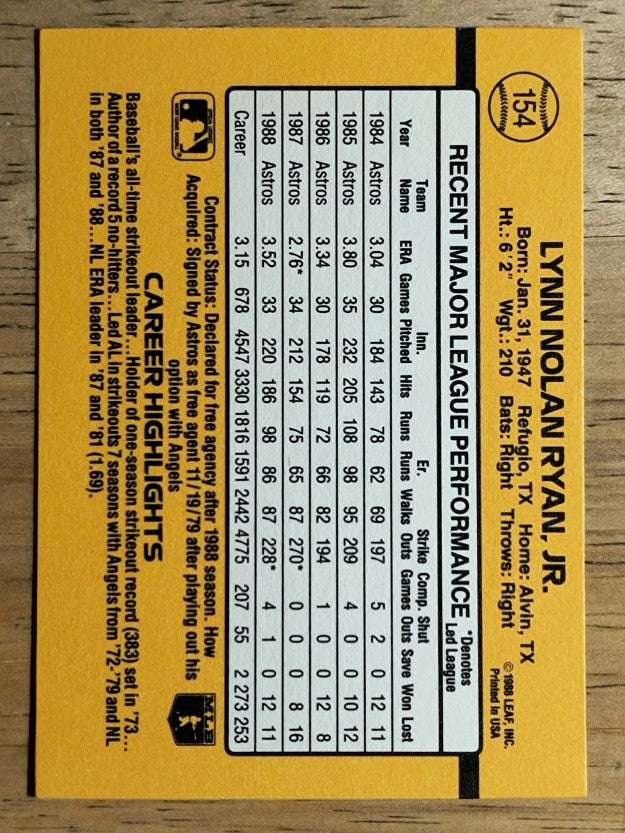 1989 Donruss #154 Nolan Ryan