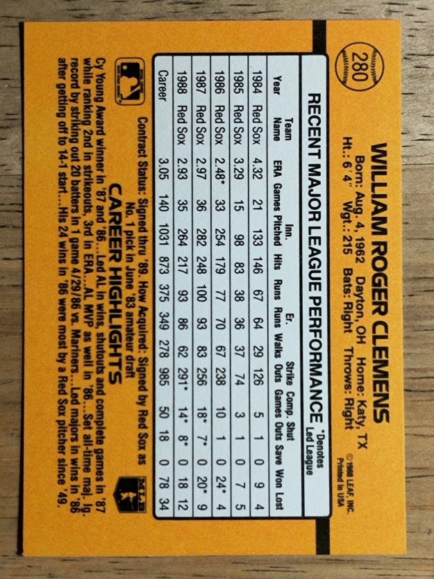 1989 Donruss #280 Roger Clemens