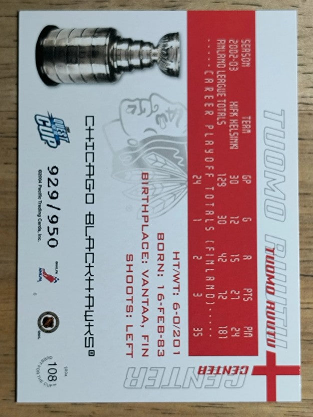 2003-04 Pacific Quest for the Cup #108 Tuomo Ruutu RC