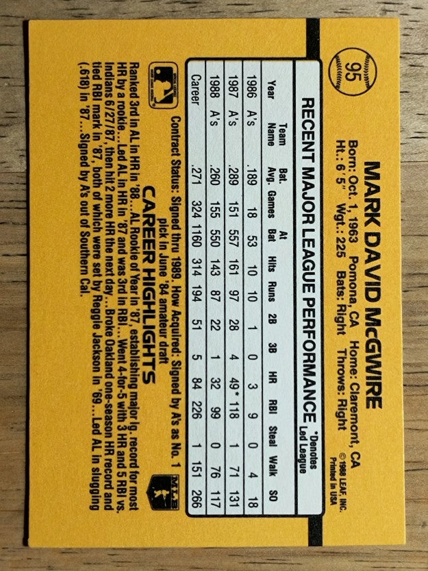 1989 Donruss #95 Mark McGwire