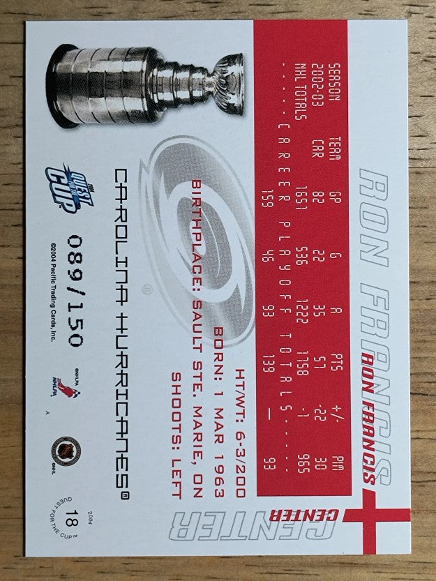 2003-04 Pacific Quest for the Cup Blue #18 Ron Francis
