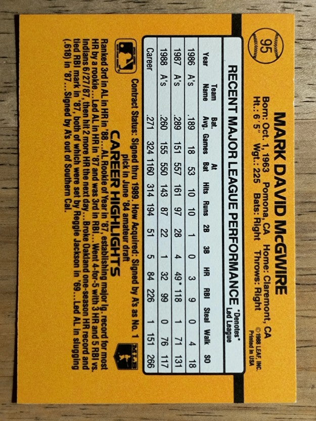 1989 Donruss #95 Mark McGwire