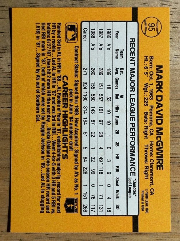 1989 Donruss #95 Mark McGwire